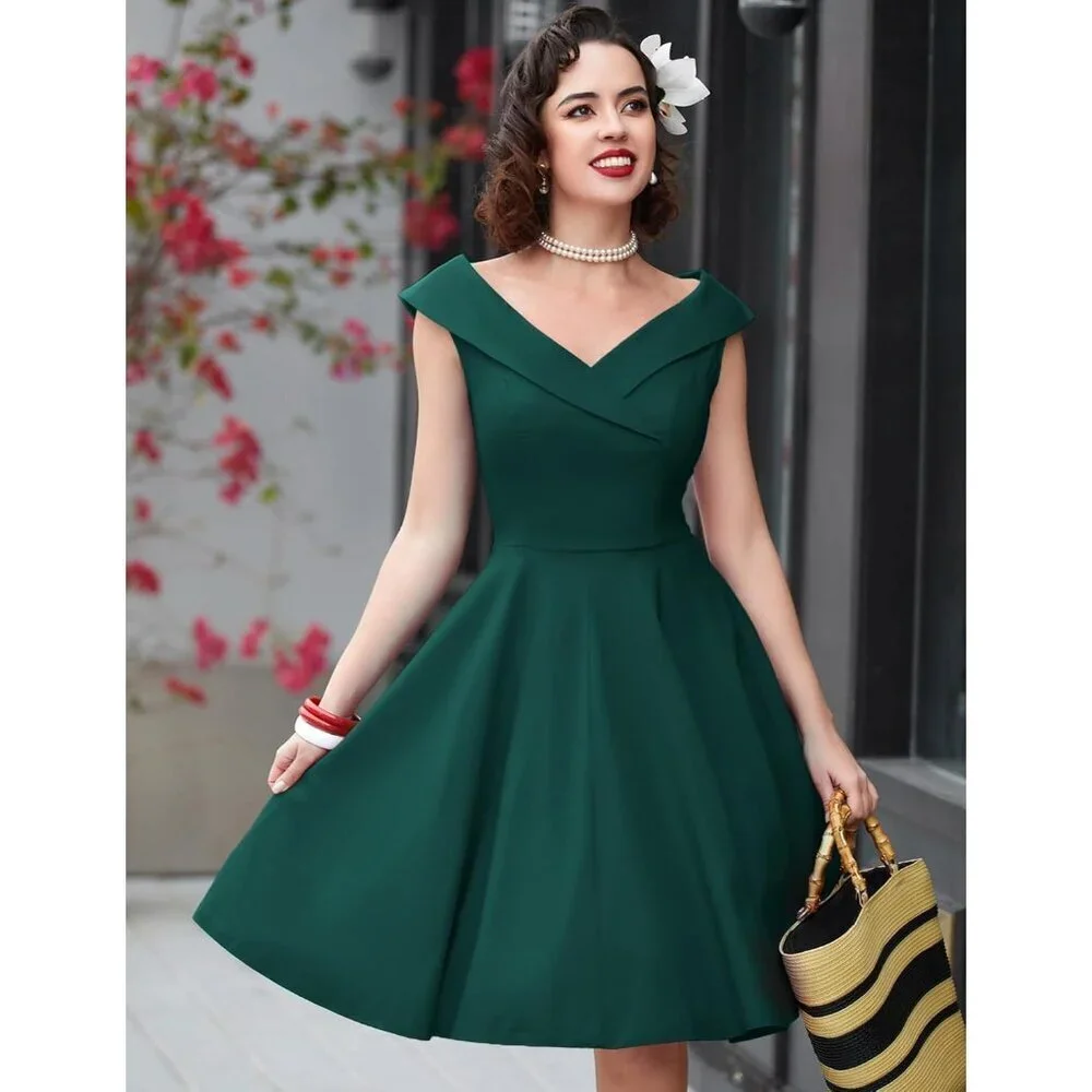 Women's Sleeveless V Neck Midi Swing Dress Vintage 1950s Retro Style